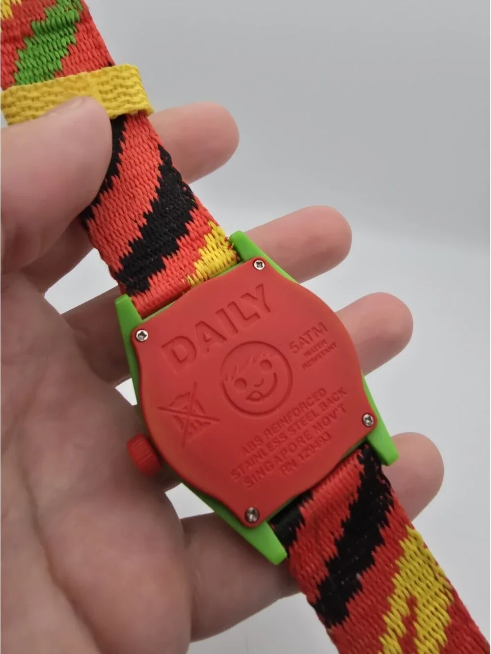Neff Daily Quartz Analog Watch Green Plastic Case Red/Green Dial Nylon Strap 50m